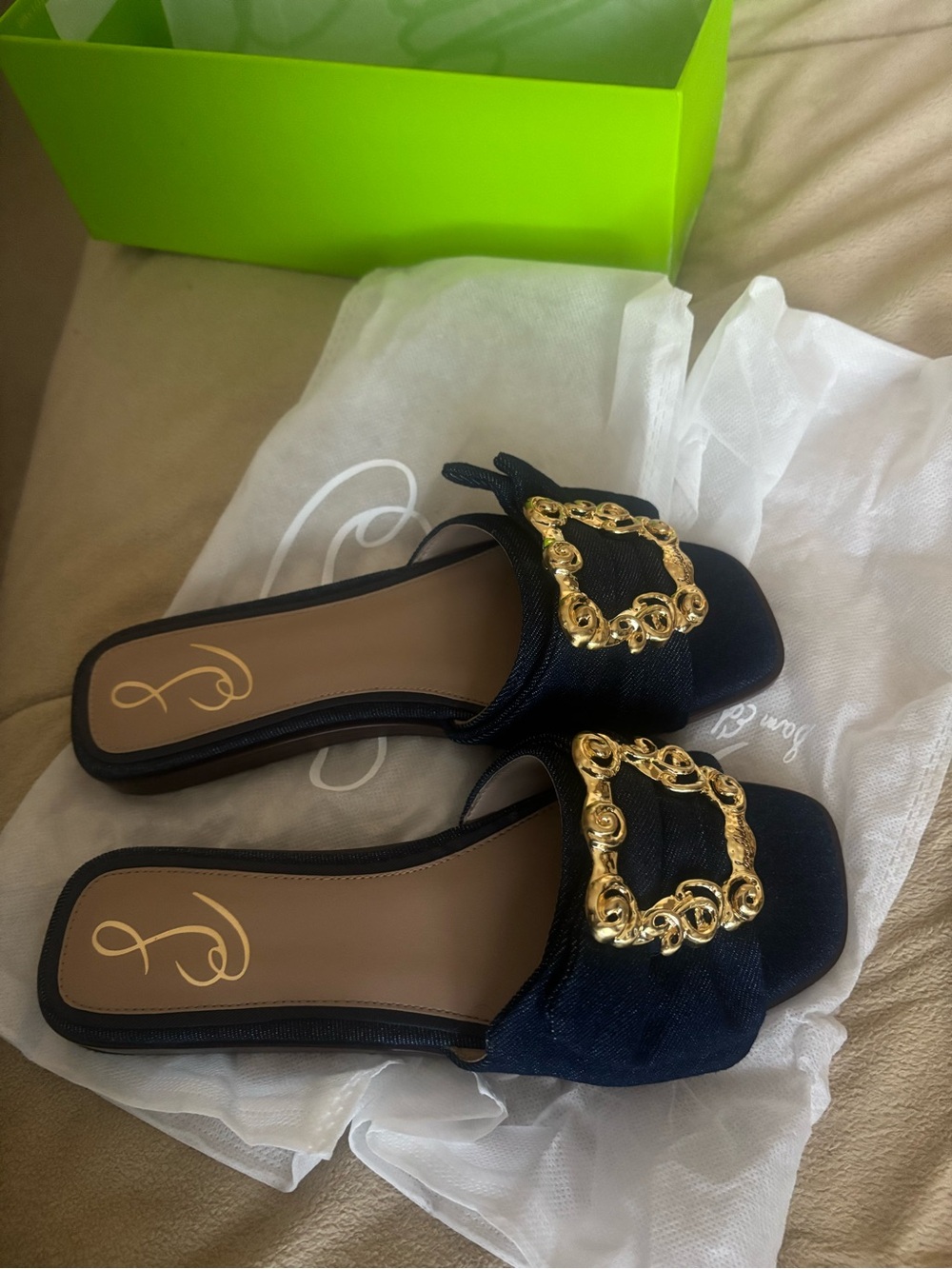 Sam Edelman Black Slip-On Mules with Gold Chain Square Accent